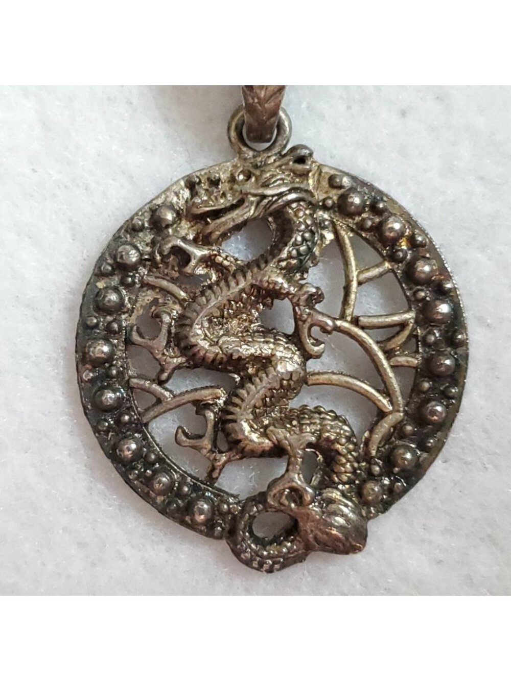 Vintage Chinese Dragon Pendant Silver Tone 1.5"